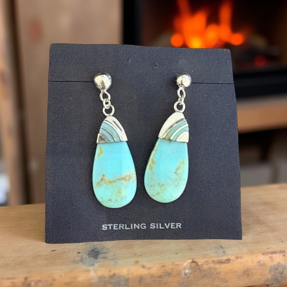 Turquoise Sterling Silver Teardrop Dangle Statement Dangle Earrings - Picture 3 of 9